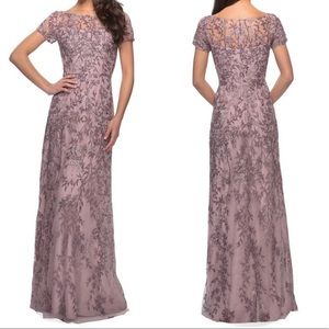 LA FEMME Lace Dusty Lilac Column Gown